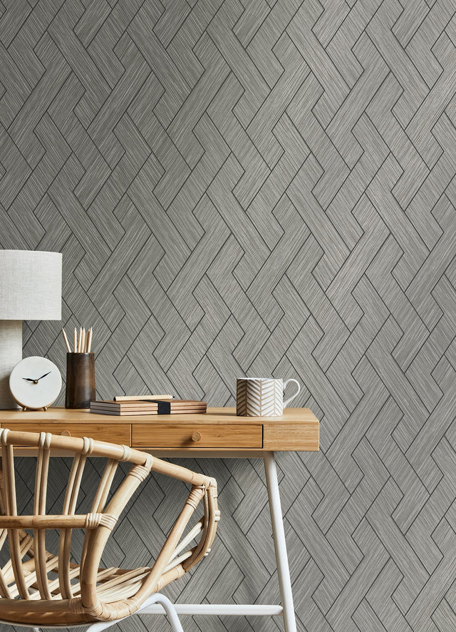 Ember Grey Geometric Basketweave Wallpaper with Modern Graphic Faux Grasscloth Texture - Brewster 4125-26729