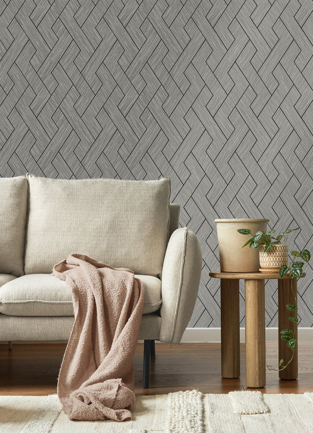Ember Grey Geometric Basketweave Wallpaper with Modern Graphic Faux Grasscloth Texture - Brewster 4125-26729