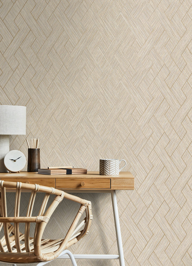 Ember Taupe Geometric Basketweave Wallpaper with Metallic Faux Grasscloth Weave - Advantage 4125-26730