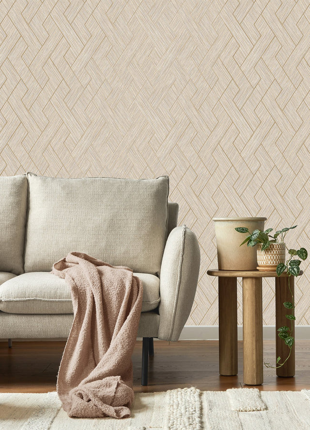 Ember Taupe Geometric Basketweave Wallpaper with Metallic Faux Grasscloth Weave - Advantage 4125-26730