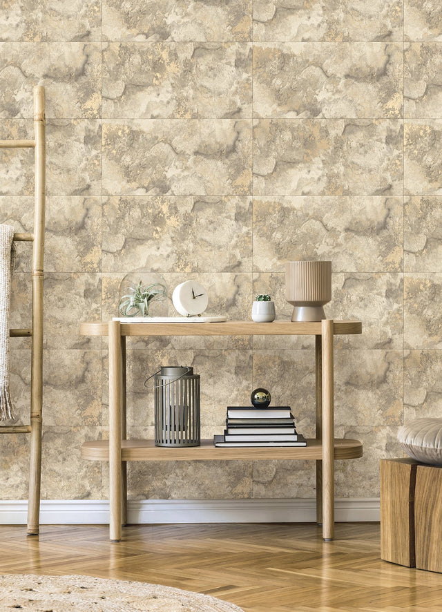 Aria Neutral Marbled Tile Wallpaper with Metallic Raised Ink Texture - Brewster 4125-26732