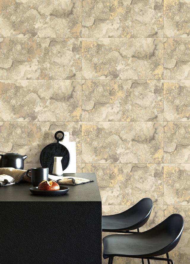 Aria Neutral Marbled Tile Wallpaper with Metallic Raised Ink Texture - Brewster 4125-26732