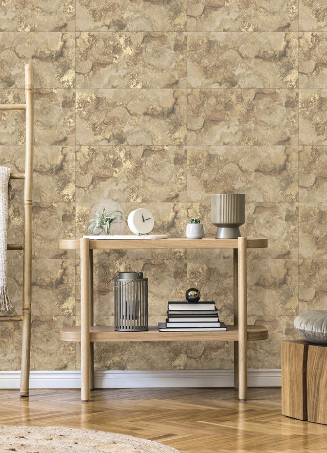 Aria Light Brown Marbled Tile Wallpaper with Metallic Textured Stone Pattern - Brewster 4125-26733