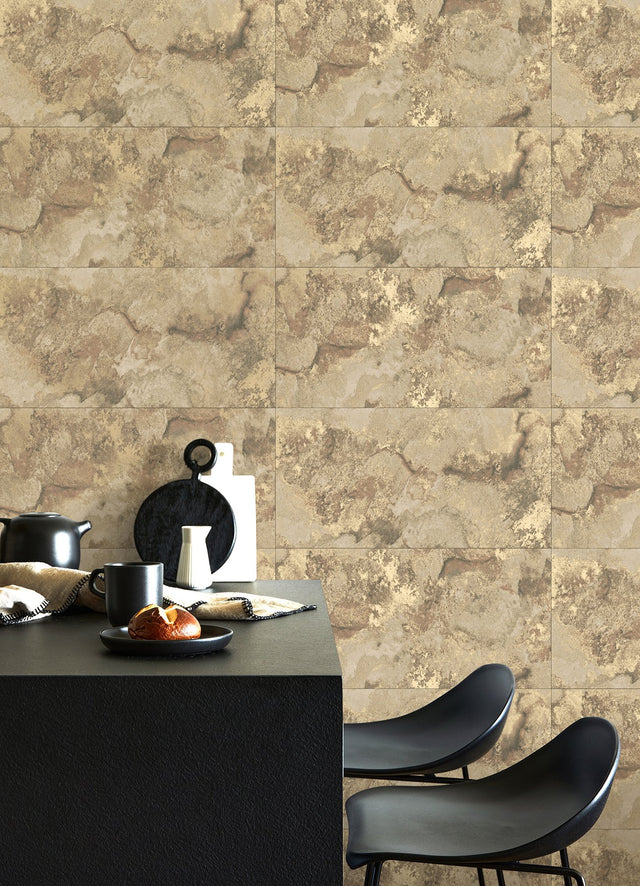 Aria Light Brown Marbled Tile Wallpaper with Metallic Textured Stone Pattern - Brewster 4125-26733