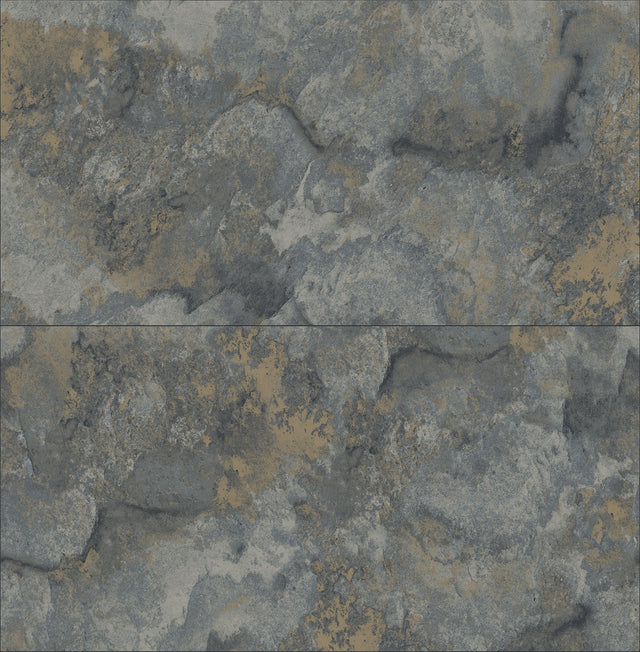 Aria Slate Marbled Tile Wallpaper with Metallic Textured Stone Pattern - Brewster 4125-26734