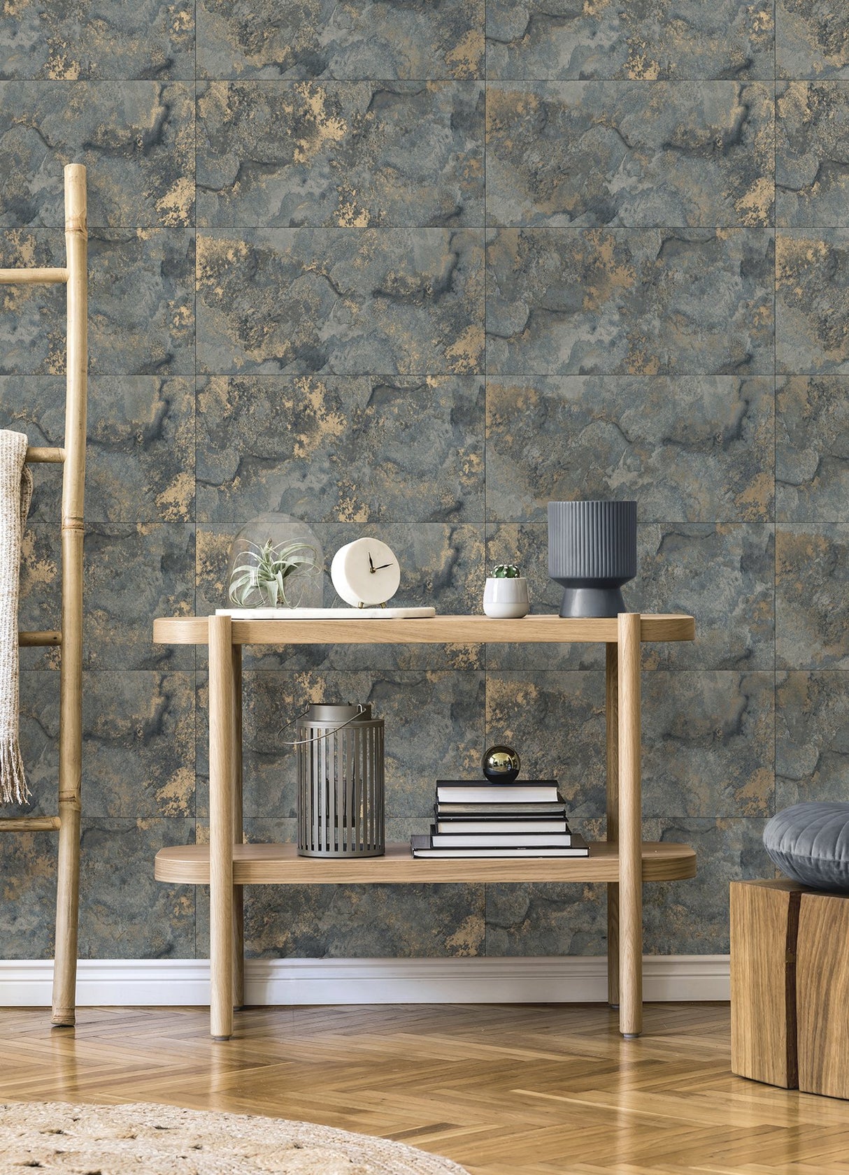 Aria Slate Marbled Tile Wallpaper with Metallic Textured Stone Pattern - Brewster 4125-26734