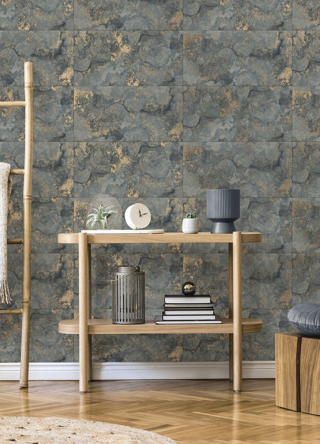 Aria Slate Marbled Tile Wallpaper with Metallic Textured Stone Pattern - Brewster 4125-26734