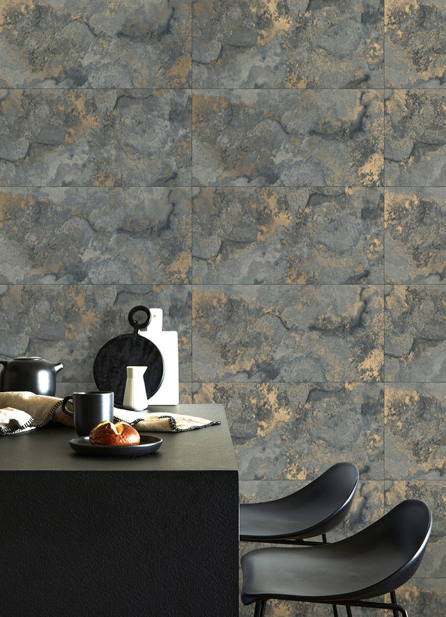 Aria Slate Marbled Tile Wallpaper with Metallic Textured Stone Pattern - Brewster 4125-26734