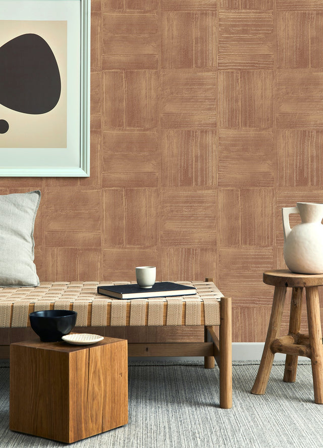 Jasper Rust Block Texture Wallpaper with Metallic Raised-Ink Geometric Pattern - Advantage 4125-26736