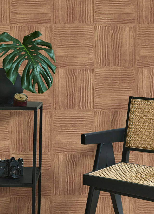 Jasper Rust Block Texture Wallpaper with Metallic Raised-Ink Geometric Pattern - Advantage 4125-26736