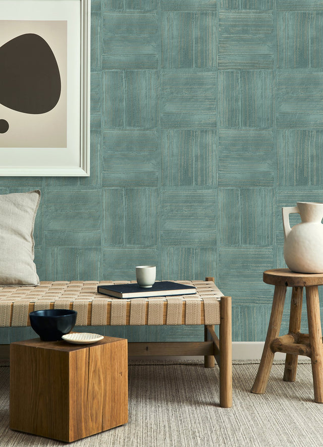 Jasper Teal Block Texture Wallpaper with Metallic Raised Ink Geometric Bohemian Style - Advantage 4125-26737