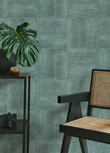 Jasper Teal Block Texture Wallpaper with Metallic Raised Ink Geometric Bohemian Style - Advantage 4125-26737