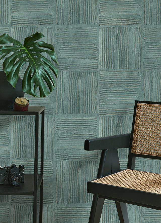 Jasper Teal Block Texture Wallpaper with Metallic Raised Ink Geometric Bohemian Style - Advantage 4125-26737