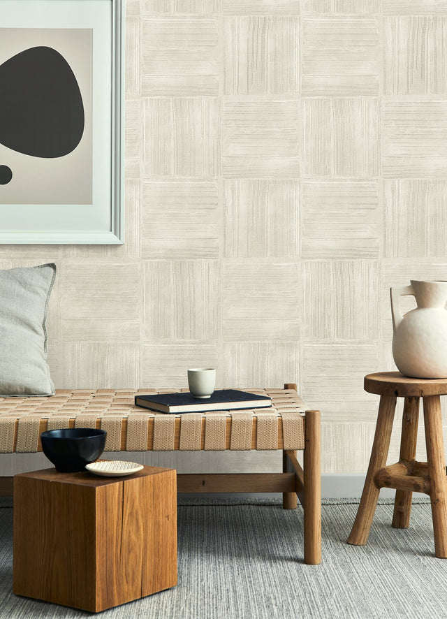 Jasper Ivory Block Texture Wallpaper with Metallic Raised-Ink Geometric Motif - Advantage 4125-26738