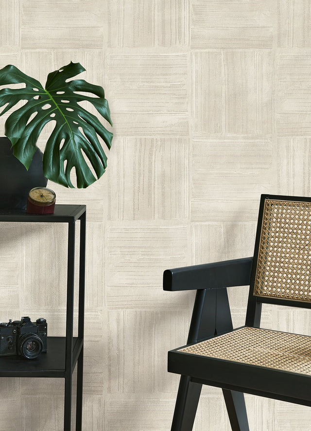 Jasper Ivory Block Texture Wallpaper with Metallic Raised-Ink Geometric Motif - Advantage 4125-26738