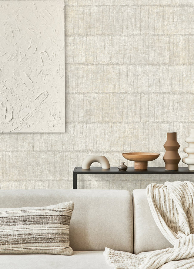 Blake Bone Texture Stripe Wallpaper with Metallic Raised Ink Farmhouse Woven Look - Advantage 4125-26739