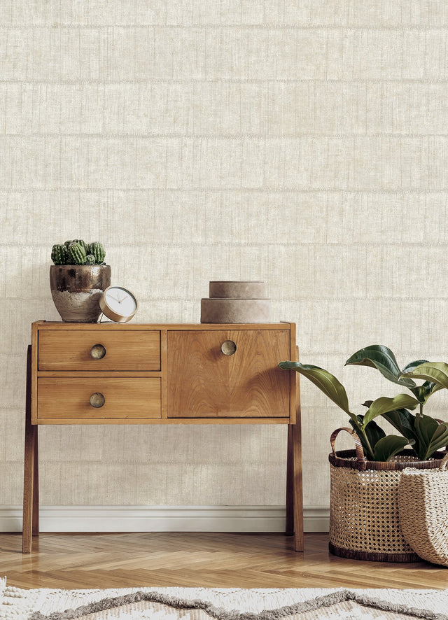 Blake Bone Texture Stripe Wallpaper with Metallic Raised Ink Farmhouse Woven Look - Advantage 4125-26739