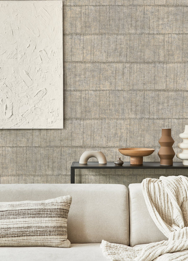 Blake Light Grey Texture Stripe Wallpaper with Fabric & Woven Textures Farmhouse Style - Advantage 4125-26740