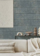 Blake Denim Texture Stripe Wallpaper with Metallic Raised Ink Farmhouse Graphics - Advantage 4125-26742