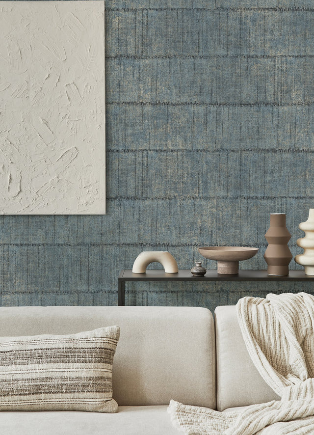 Blake Denim Texture Stripe Wallpaper with Metallic Raised Ink Farmhouse Graphics - Advantage 4125-26742