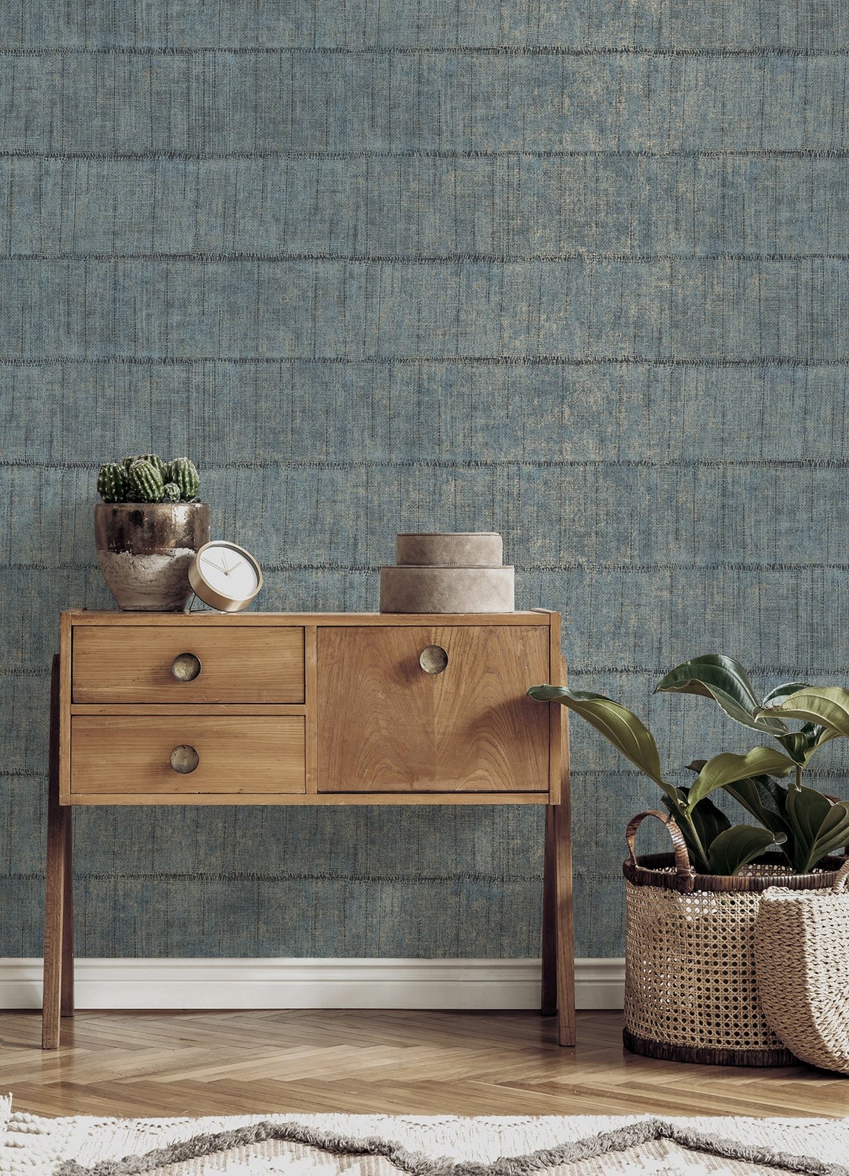 Blake Denim Texture Stripe Wallpaper with Metallic Raised Ink Farmhouse Graphics - Advantage 4125-26742