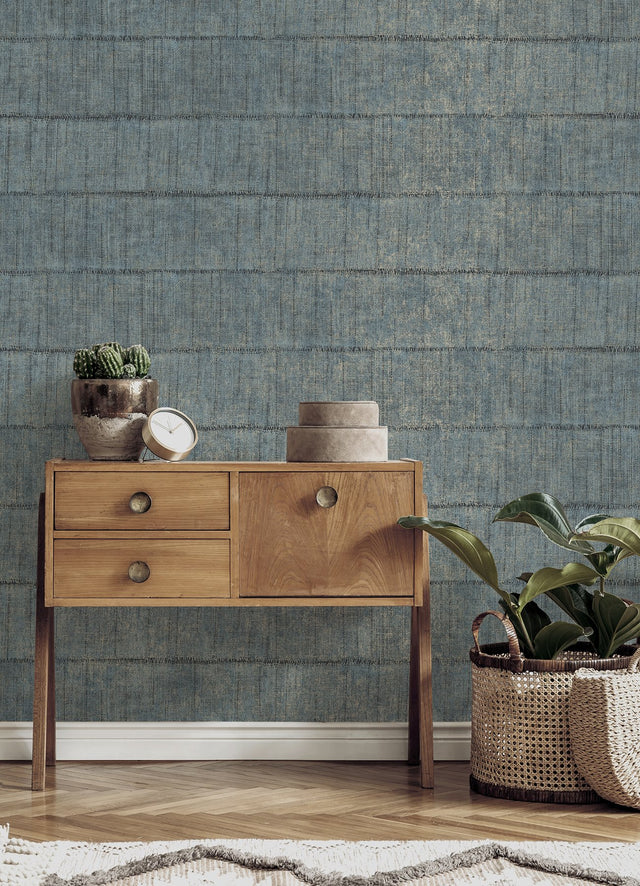 Blake Denim Texture Stripe Wallpaper with Metallic Raised Ink Farmhouse Graphics - Advantage 4125-26742