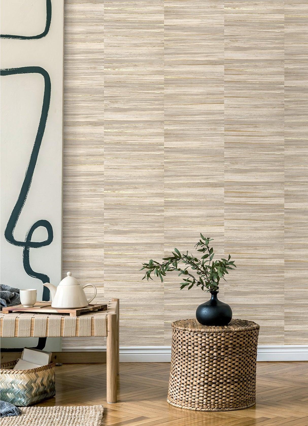 Rowan Wheat Faux Grasscloth Wallpaper with Metallic Textured Graphics - Advantage 4125-26743