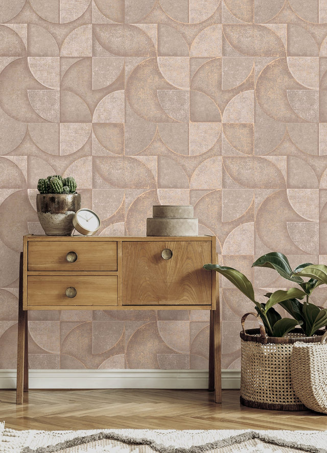 Addison Blush Retro Geo Wallpaper with Metallic Raised-Ink Geometric Pattern - Advantage 4125-26748