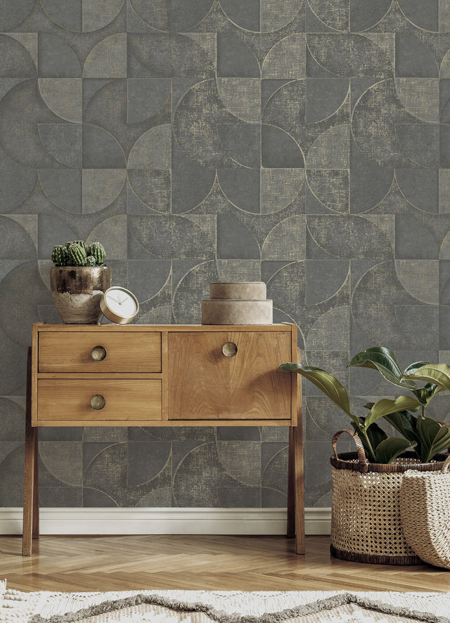 Addison Charcoal Retro Geo Wallpaper with Metallic Textured Geometric Pattern - Advantage 4125-26750