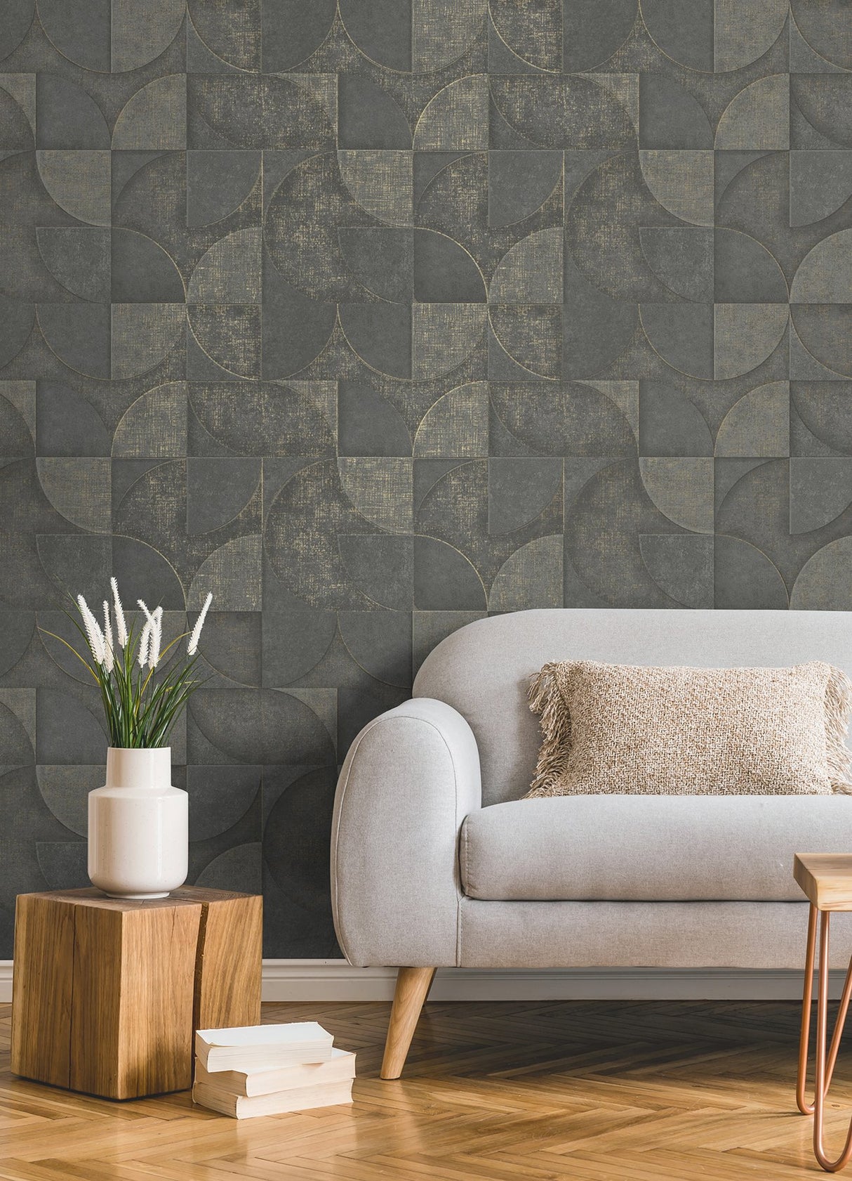 Addison Charcoal Retro Geo Wallpaper with Metallic Textured Geometric Pattern - Advantage 4125-26750
