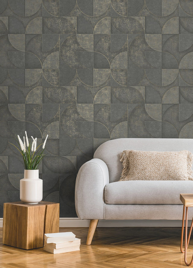 Addison Charcoal Retro Geo Wallpaper with Metallic Textured Geometric Pattern - Advantage 4125-26750