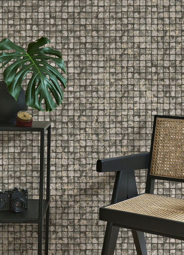 Kingsley Grey Tiled Wallpaper with Metallic Textured Geometric Tiles - Advantage 4125-26756