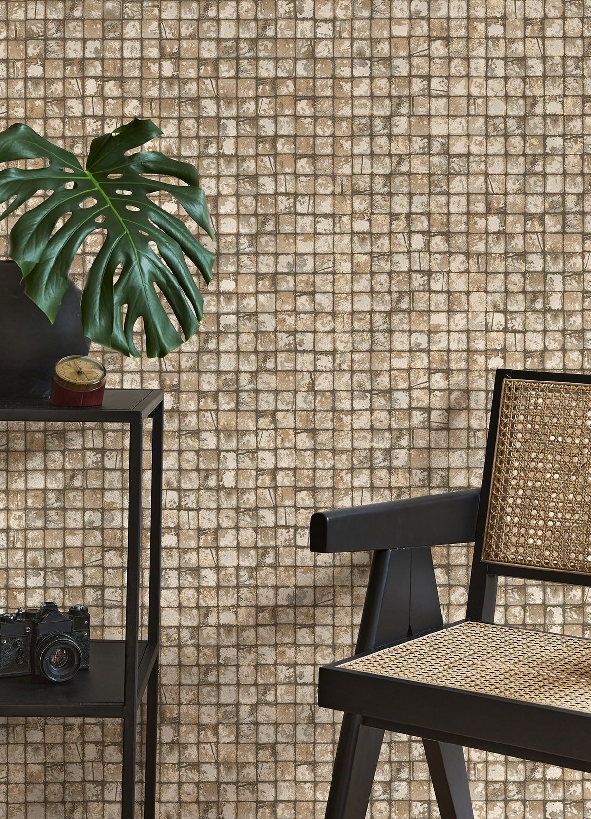 Kingsley Neutral Tiled Wallpaper with Metallic Textured Geometric Tile Motif - Advantage 4125-26757