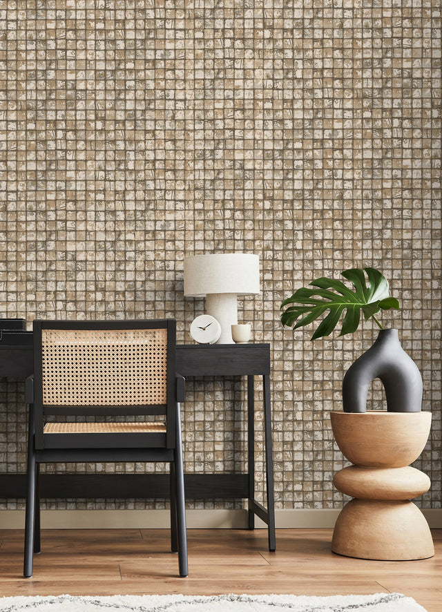 Kingsley Neutral Tiled Wallpaper with Metallic Textured Geometric Tile Motif - Advantage 4125-26757