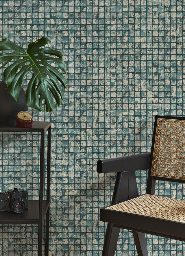 Kingsley Blue Tiled Wallpaper with Metallic Textured Geometric Tile Pattern - Advantage 4125-26758
