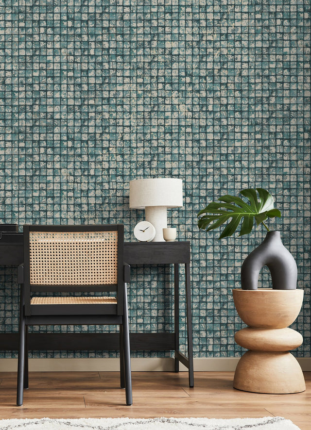 Kingsley Blue Tiled Wallpaper with Metallic Textured Geometric Tile Pattern - Advantage 4125-26758