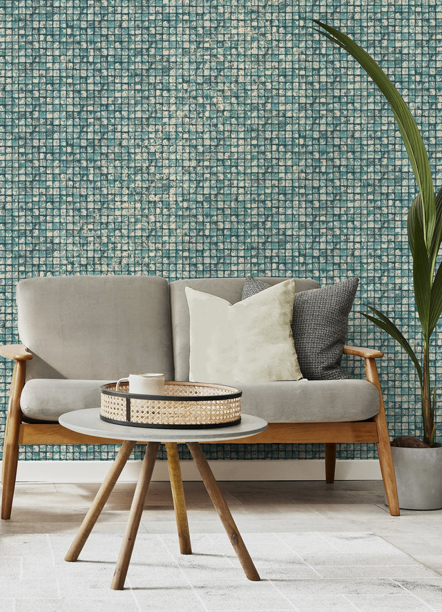 Kingsley Blue Tiled Wallpaper with Metallic Textured Geometric Tile Pattern - Advantage 4125-26758