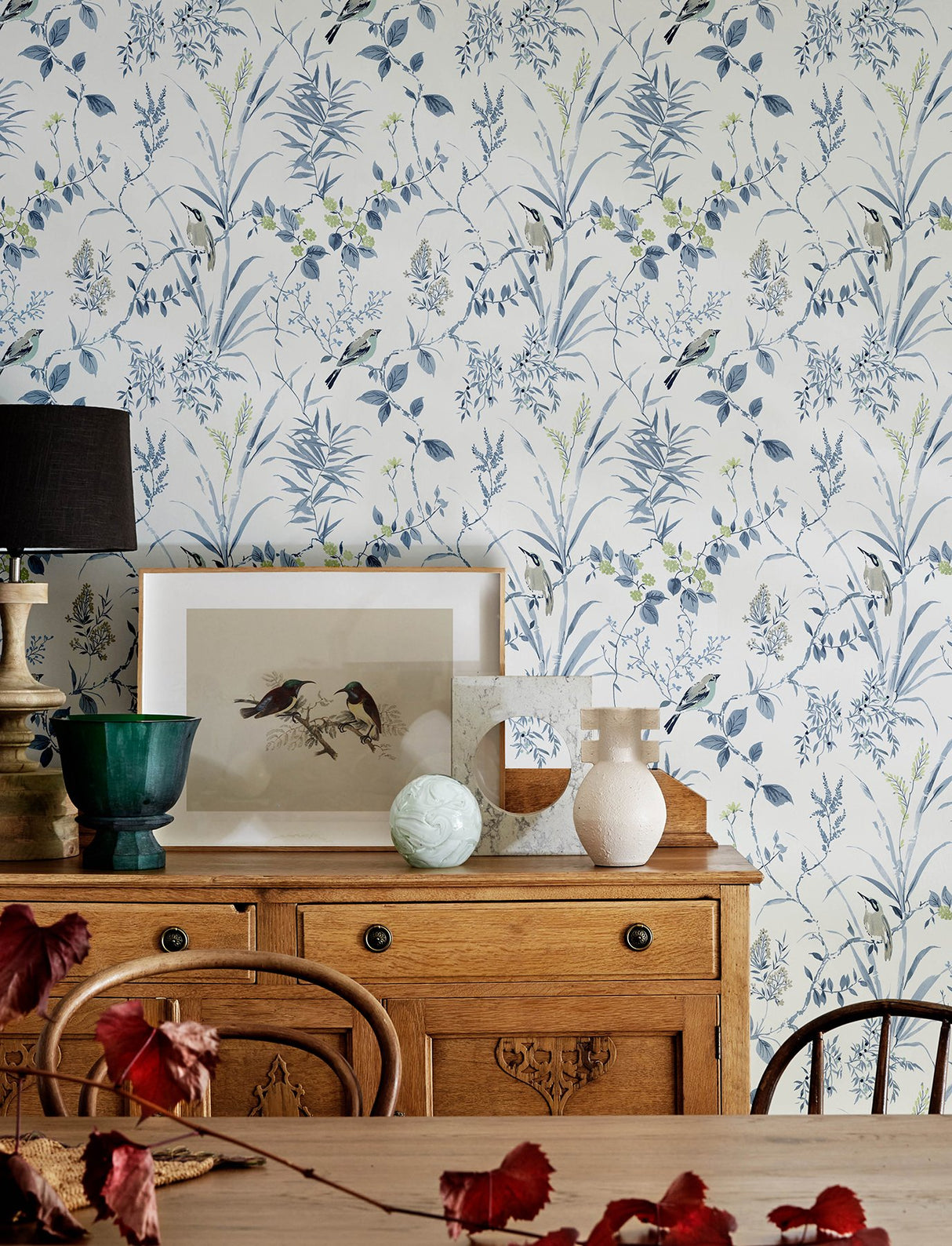 Imperial Garden Blueberry Botanical Wallpaper with Birds Motif - Chesapeake 4134-26990