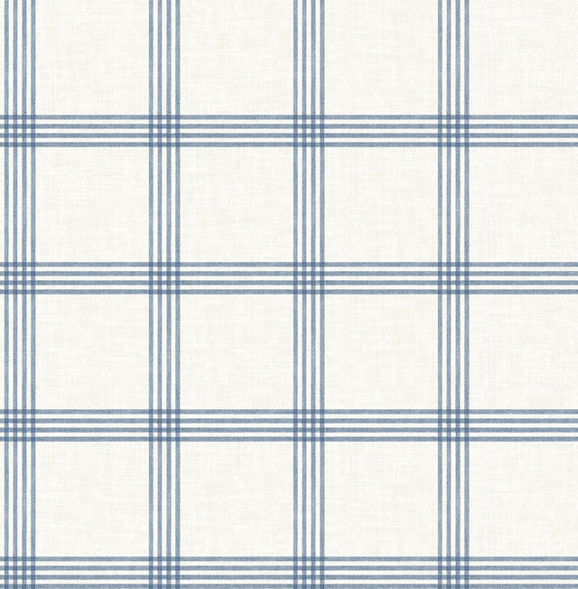 Twain Denim Plaid Wallpaper with Navy Pinstripe Grid on Cream Faux Linen - Chesapeake 4134-26993