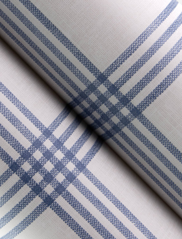 Twain Denim Plaid Wallpaper with Navy Pinstripe Grid on Cream Faux Linen - Chesapeake 4134-26993