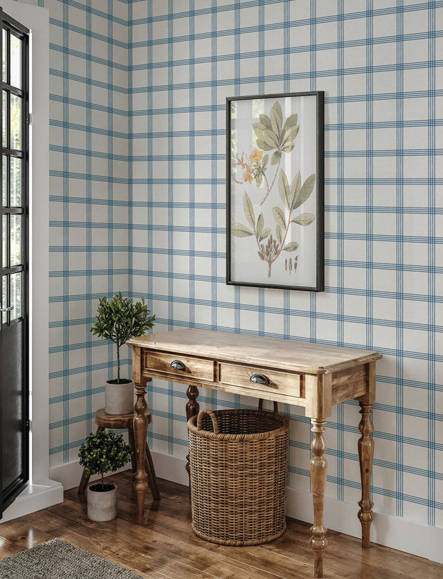 Twain Denim Plaid Wallpaper with Navy Pinstripe Grid on Cream Faux Linen - Chesapeake 4134-26993