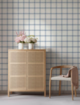 Twain Denim Plaid Wallpaper with Navy Pinstripe Grid on Cream Faux Linen - Chesapeake 4134-26993