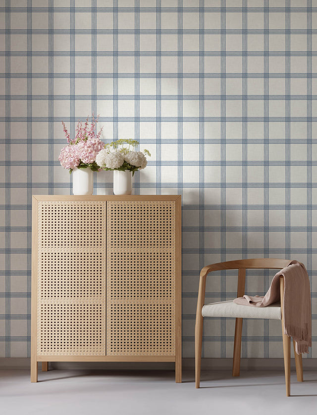 Twain Denim Plaid Wallpaper with Navy Pinstripe Grid on Cream Faux Linen - Chesapeake 4134-26993
