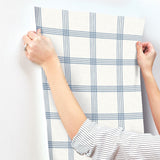 Twain Denim Plaid Wallpaper with Navy Pinstripe Grid on Cream Faux Linen - Chesapeake 4134-26993