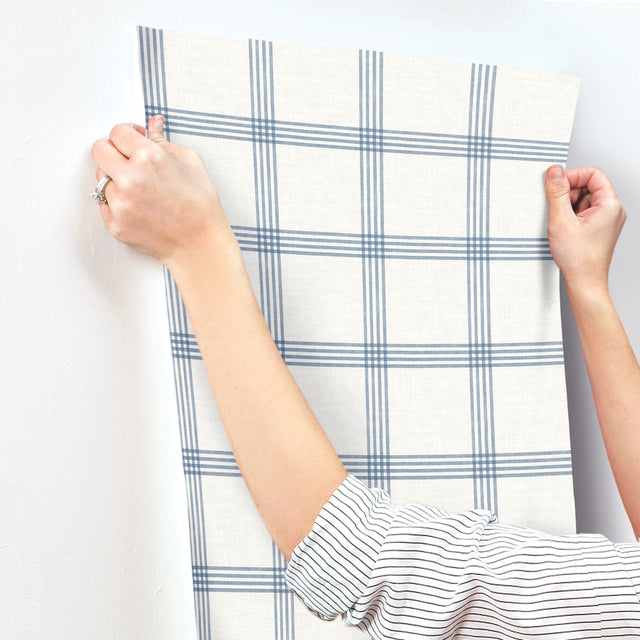 Twain Denim Plaid Wallpaper with Navy Pinstripe Grid on Cream Faux Linen - Chesapeake 4134-26993