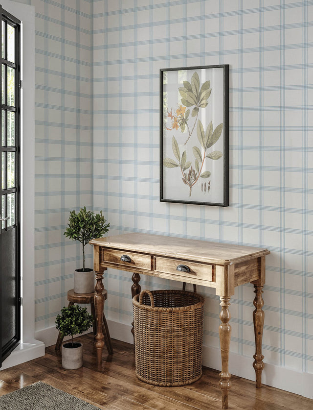 Twain Light Blue Plaid Wallpaper with Farmhouse Graphic Plaid Pattern - Brewster 4134-26995