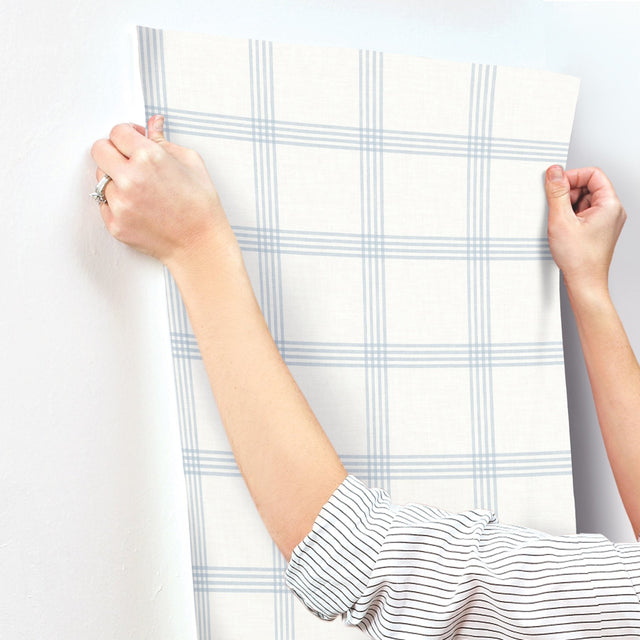 Twain Light Blue Plaid Wallpaper with Farmhouse Graphic Plaid Pattern - Brewster 4134-26995