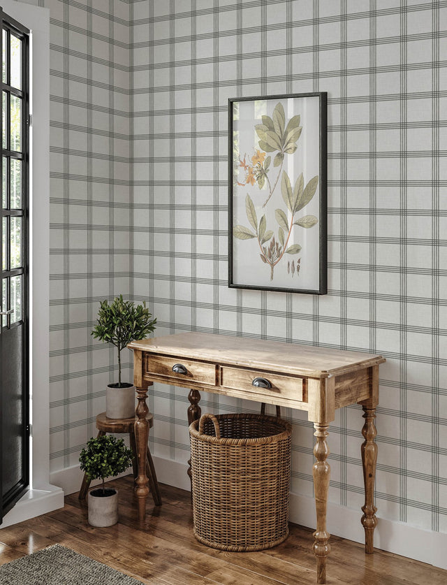 Twain Charcoal Plaid Wallpaper with Farmhouse Graphics Pattern - Chesapeake 4134-26997