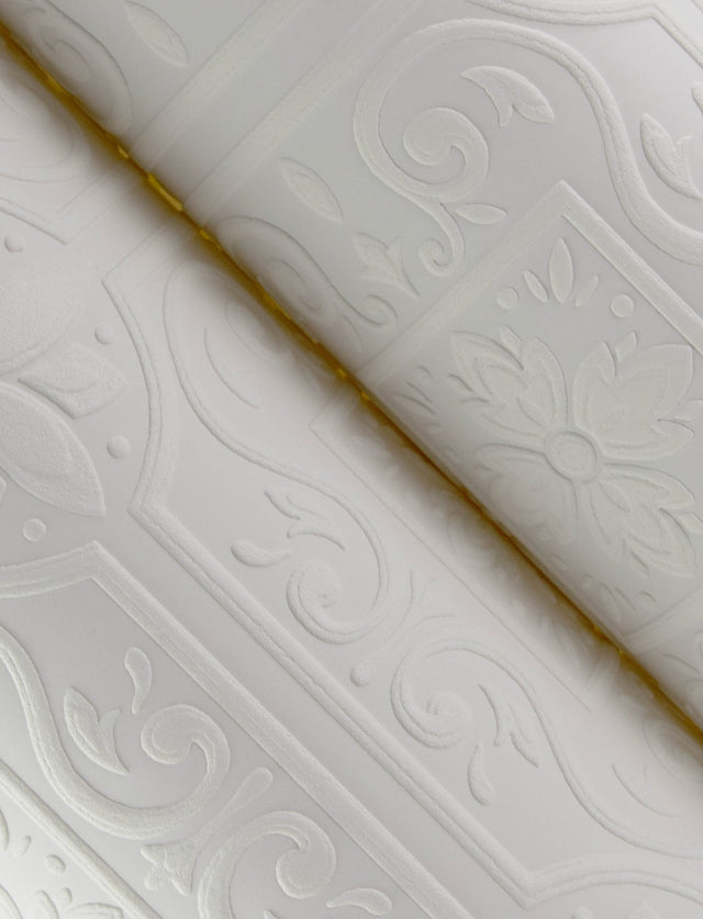 Ibold White Tin Ceiling Scroll Paintable Wallpaper with Geometric Graphics Motif - Chesapeake 4134-59001