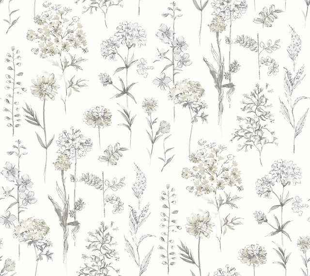 Bergamot Light Grey Wildflower Wallpaper with Botanical Watercolor Floral Motif - Chesapeake 4134-72501
